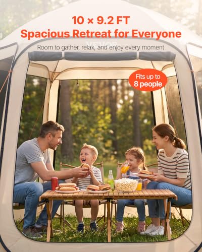 Beige Pop-Up Screen House Tent 10 x 9.2 ft for 4-8 People, Portable Mesh Gazebo with Carry Bag