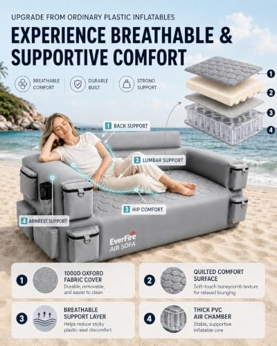 Everfire Nebula Gray Portable Inflatable Couch with Built-in Pump, 3-Seater Camping Sofa