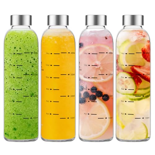 17 oz Reusable Glass Water Bottles with Stainless Steel Lids - Pack of 4