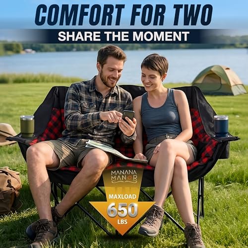 MANANA MANOR Double Folding Camping Chair for 2 Adults – Supports 650 lbs, Extra Padded, Portable Patio & Beach Couch