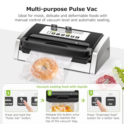 Bonsenkitchen Vacuum Sealer with Easy Handle & Silver Black Finish, 1 Roll & 10 Bags