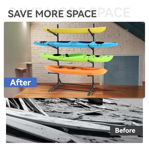 4-Level Heavy Duty Kayak Storage Rack - Adjustable & Weatherproof Stand for Kayaks, SUPs & Canoes