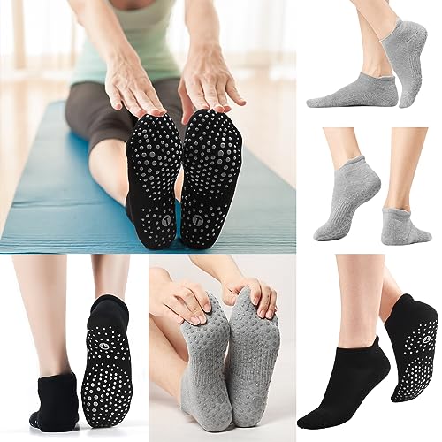 Toes Home Pilates Socks for Women - Cushioned Grip Yoga & Barre Socks 9-11, Black & Grey - 4 Pairs
