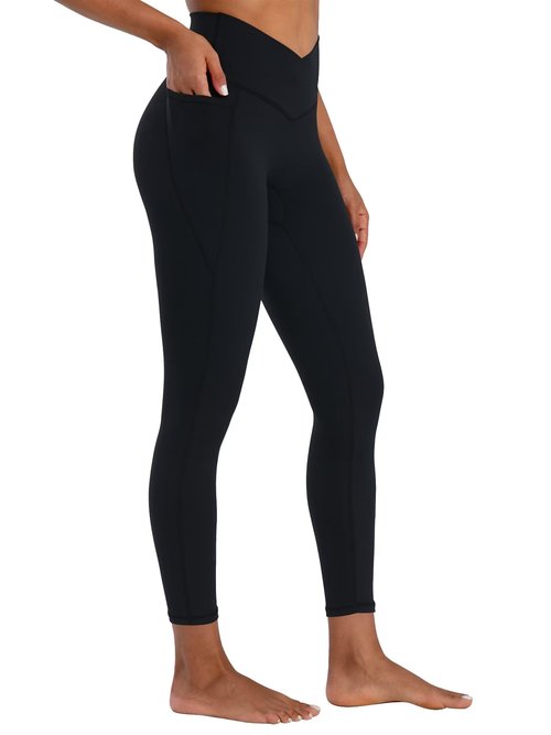Sunzel Butt Lifting Scrunch Leggings for Women with Pockets No Front Seam Crossover Workout Booty Yoga Pants Tummy Control 25" Inseam Black Small