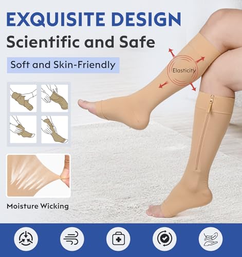 Unisex Compression Socks with Zipper - Open Toe, Medium / Beige, 20-30 mmHg