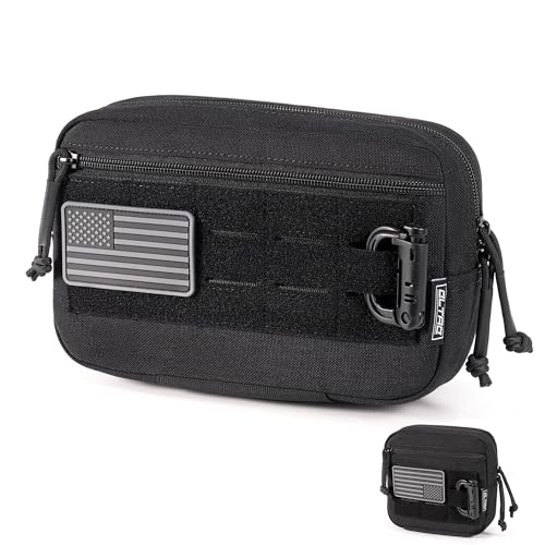 Black Tactical Molle Admin Pouch Utility EDC Tool Bag with US Flag Patch & D-Ring - Size L