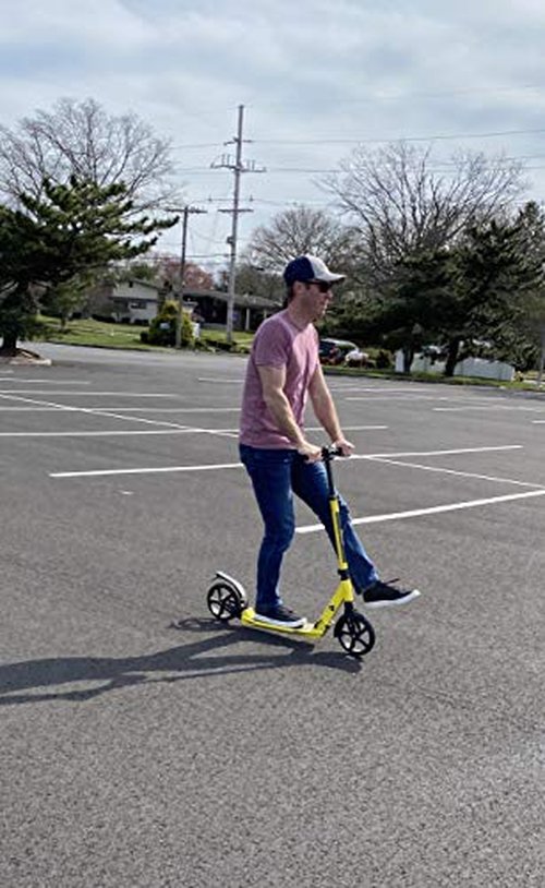 Bee Free XLT Adjustable Handlebar Kick Scooter for Adults and Teens, Yellow, Foldable, Anti-Shock Suspension, Rear Foot Brake, 12+