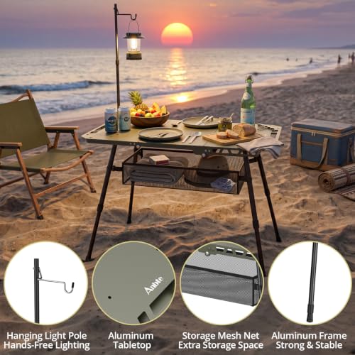 Adjustable Aluminum Camping Table with Folding Legs & Storage Basket