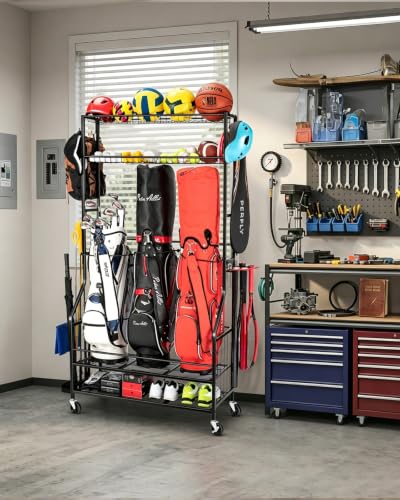 FHXZH Three Golf Bag Storage Rack with Wheels & Multi-Storage Shelves