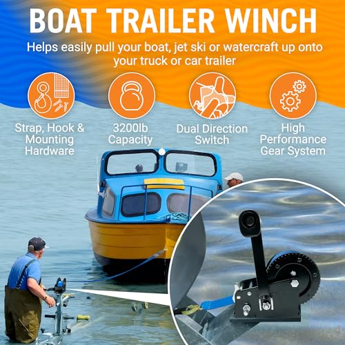 Better Boat 3200 lbs Boat Trailer Winch with Strap & Hook - Heavy Duty Manual Hand Crank