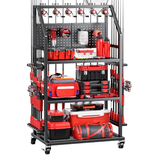 Heavy Duty Fishing Rod Storage Rack with Wheels - Holds 20 Rods, Hooks & Pegboard Organizer