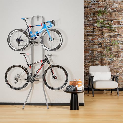 Vertical Bike Rack for 2 Bicycles - Slim Wall Leaning Storage with Adjustable Arms - Silver