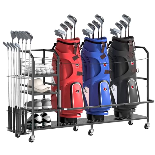 GloCryp 3 Golf Bag Storage Organizer for Garage - Heavy-Duty Steel, Rolling & Lockable, Multi-Shelf Golf Equipment Rack