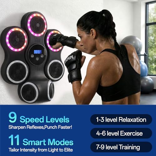 Music Boxing Machine for Kids & Adults, Wall-Mounted Interactive Punching Target with RGB Lights and Bluetooth, 11 Modes & 9 Speeds