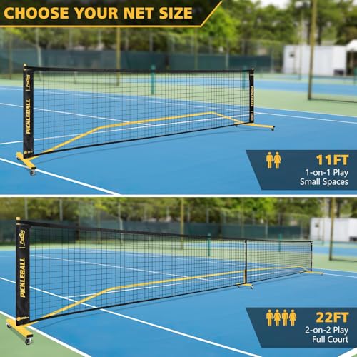 Fostoy Portable Pickleball Net Set with Wheels, 22ft & 11ft Half Court - Black & Yellow 2-in-1