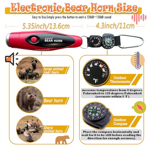 Classic Red Electronic Air Horn for Bear Scare - Hiking Safety Tool with Compass & Thermometer