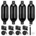 Black Inflatable Boat Fenders 5.5 x 20 inches - 4 Pack for 15-35ft Boats with Quick Release Clips