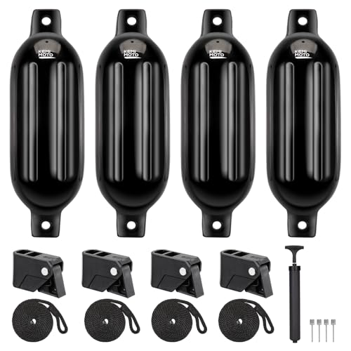 Black Inflatable Boat Fenders 5.5 x 20 inches - 4 Pack for 15-35ft Boats with Quick Release Clips