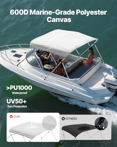 VEVOR 3 Bow Boat Bimini Top 6' x 46" H Sun Shade Canopy with Aluminum Frame, Grey