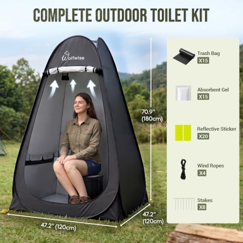 Black Wolfwise Portable Camping Toilet & Pop-Up Privacy Tent 15-Pack Basic Kit