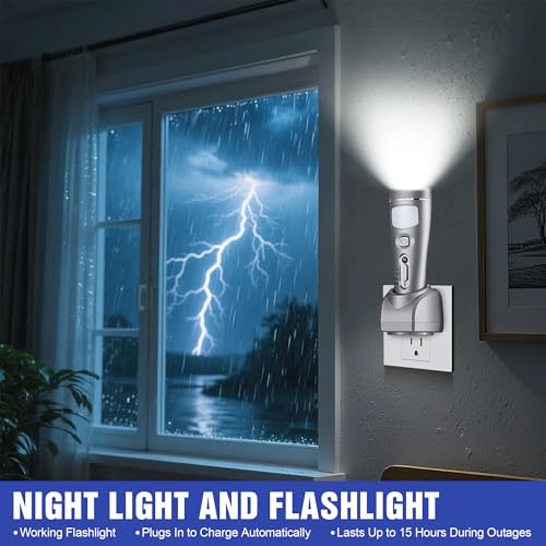 6 Pack Rechargeable Emergency Night Lights with Auto On Power Outage - Silver, Model 6