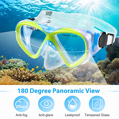 Kids Snorkel Set with Tempered Glass Mask Dry Top Snorkeling Gear Blue - Ages 5-15