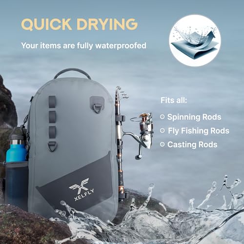Xelfly Gray Waterproof Fishing Backpack with Rod Holder & Inflatable Buoyancy