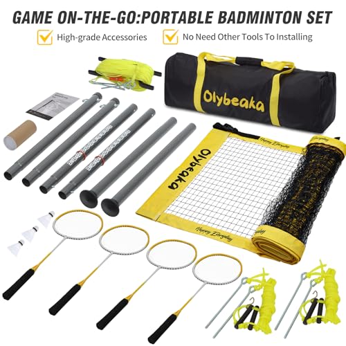 Olybeaka 20FT Yellow Outdoor Badminton Set with Net & Accessories