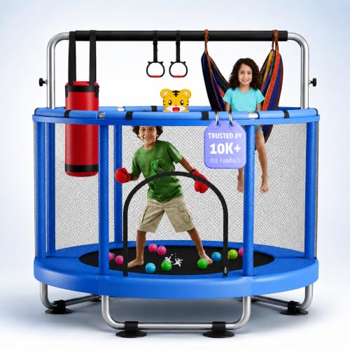 Kids Indoor & Outdoor Trampoline with Basketball & Accessories - Blue, Black