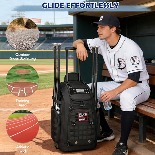 SunForMorning Black Rolling Baseball Bag with Wheels, Catchers Gear Storage