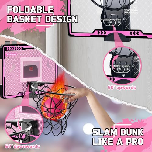 Pink Indoor Kids Basketball Hoop with Electronic Scoreboard & 3 Balls - Unicorn Gift for Girls Ages 5-12