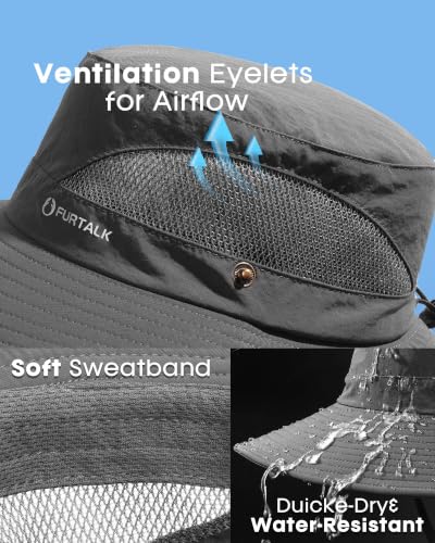 FURTALK Mens Bucket Sun Hat UPF Protection Wide Brim Breathable Fishing Hat - Dark Grey