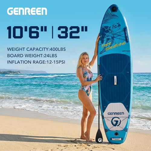 GENREEN 10'6" Blue Inflatable Stand Up Paddle Board - Stable & Beginner-Friendly