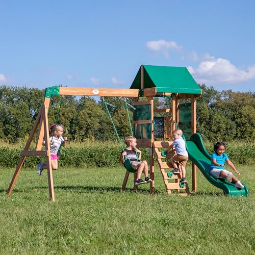Green Backyard Discovery Buckley Hill Cedar Wood Swing Set with Wave Slide & Play Deck