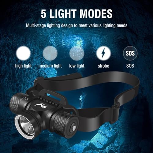 WINDFIRE HP900 Black Dive Headlamp - Ultra Bright 5 Modes, Waterproof Up to 80m