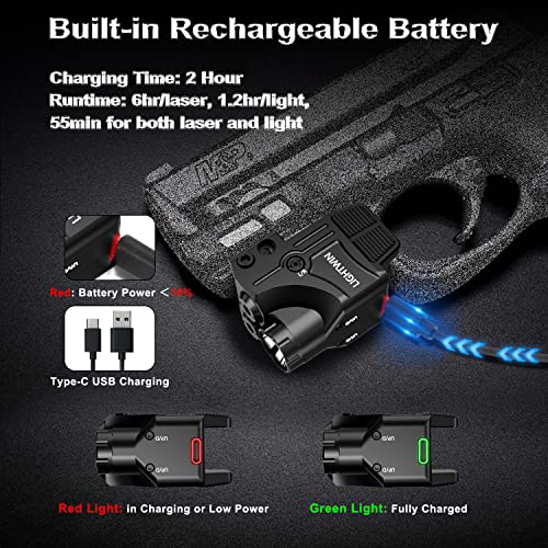 LIGHTWIN 3-in-1 Laser Sight & Flashlight for Pistols, Red & Purple, 800 Lumens, USB Rechargeable, Picatinny Rail Compatible