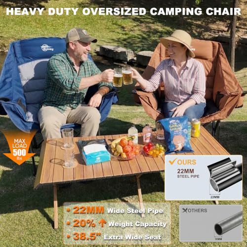 Brown Oversized Heavy Duty Camping Chair for Adults Folding Lawn Seat - 500 lbs Support
