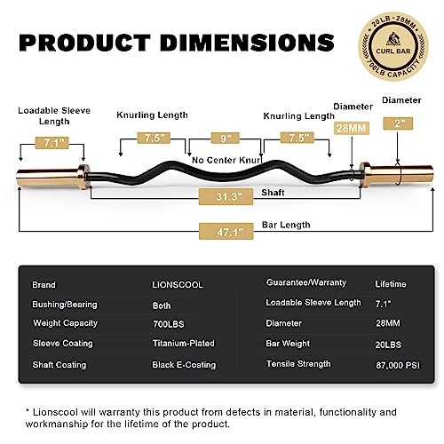 LIONSCOOL 2-Inch Golden & Black Titanium-Plated EZ Curl Bar, 28mm Olympic Barbell for Biceps & Triceps