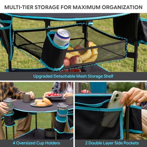 FUNDANGO Foldable Camping Table with Removable Mesh Shelf & 4 Cup Holders - Black