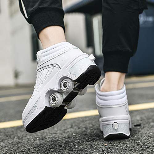 Wedsf White High-Top 2-in-1 Deform Roller Skates with Removable Pulleys, Size 7.5