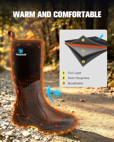 Trudave Waterproof Rubber Boots for Men & Women with Steel Shank - Black, Size 9 Women / 8 Men, Insulated & Anti-Slip Outdoor Work & Hunting Footwear