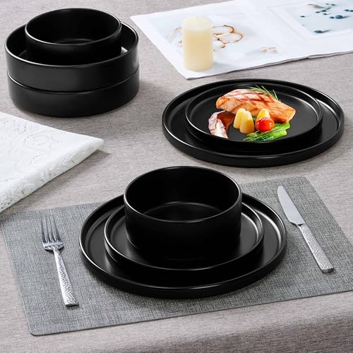Herogo Matte Black Dinnerware Set for 6 - 24 Piece Stoneware Plates, Bowls & Pasta Bowls