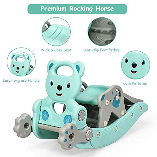 Green 36x15x22 Inch 5-in-1 Toddler Slide Rocking Toy with Detachable Stool & Basketball Game