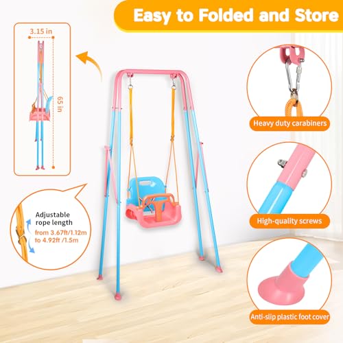 3-in-1 Toddler Swing Set with Stand - Foldable Baby Swing for Indoor & Outdoor Use, Blue & Pink