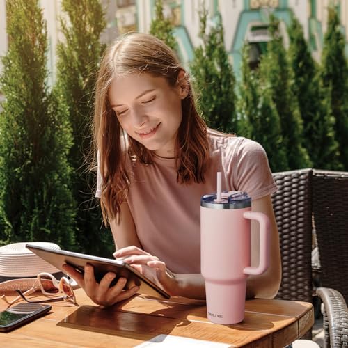 Pink 40 oz Insulated Stainless Steel Travel Mug with Handle & Straw Lid