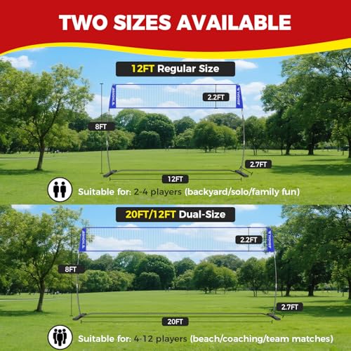 BAGAIL 12ft / 20ft Portable Volleyball Net with Adjustable Height - Blue, Heavy-Duty Frame & Carry Bag