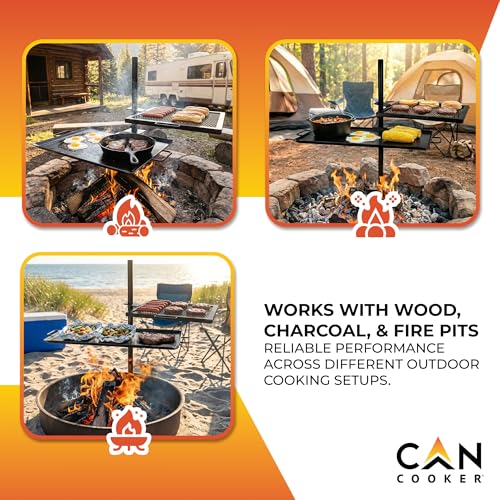 GameMaker Open Fire Cooking Grill & Skillet Combo - Adjustable Height, Portable Campfire Grill