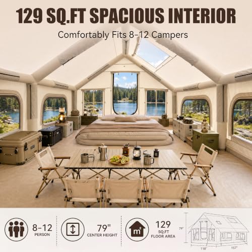 Inflatable Family Camping Tent 8-12 Person, All-Season Waterproof Glamping Tent