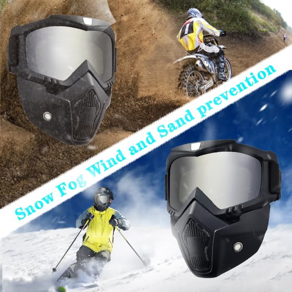 Silver Motorcycle Helmet Goggles with Removable Face Mask - Anti Fog Riding Eyewear