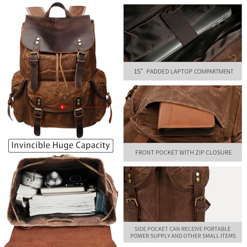 HuaChen Vintage Waxed Canvas Backpack XL Brown with Leather Flap - Water-Resistant Travel & Work Rucksack